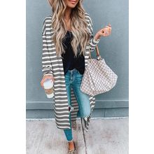 Black Stripe Print Open Front Duster Cardigan