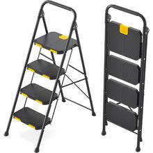 KINGRACK 4 Step Ladder, Sturdy Steel Step Stool with Safe-Lock Design, Handrail,