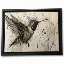 Hummingbird in Flight Art Print - Gold & Black Abstract Home Decor Bird Wall Art