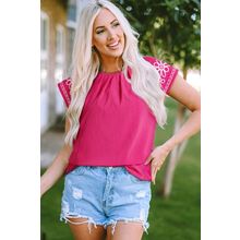Sachet Pink Floral Embroidered Flutter Sleeve Pleated Neck Blouse