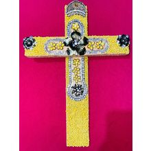 Wood Wall Artisanal Cross w/ Vintage Jewelry of Yellow, gold & silver Rhinestone
