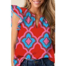 Red Abstract Floral Print Trimmed Flutter Sleeve Blouse