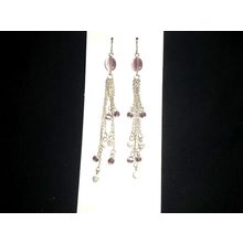 Delicate 3.5" base metal chain purple & white cats eye long dangle earrings