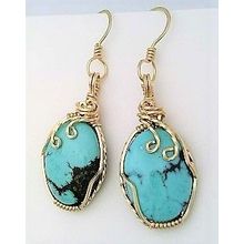 Turquoise Gold Wire Wrap Gemstone Dangle Earrings 6