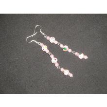 Special red green yellow on pink & pink glass long drop swing earrings