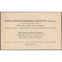 Information Card, Hotel Schweizerhof, Cologne, c.1920s