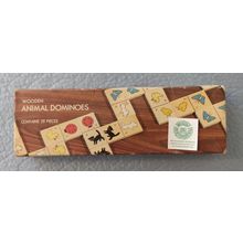 CHILDRENS VINTAGE WOODEN ANIMAL DOMINOES 28 PIECES w BUG & BUTTERFLY CAT DUCK +