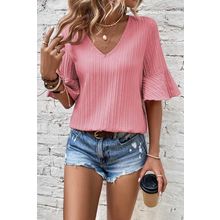 Peach Blossom Ruffled Half Sleeve V Neck Textured Top