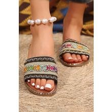 Chestnut Bohemian Pattern Crochet Faux Leather Beach Slippers