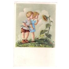 boy and girl and sunflower plant used postcard 1960 pm. Mabel Lucy Atwell?? #