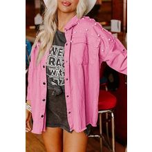 Bonbon Pearl Beaded Raw Hem Button Up Denim Jacket