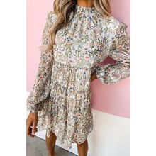 Green Floral Print Tiered Frilled Shirred Mock Neck Mini Dress