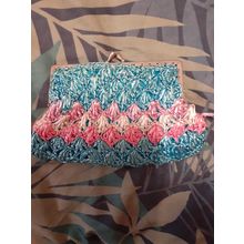 vintage handmade crochet raffia? purse 22 x 14cm at widest gems in top of catch
