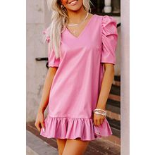 Sachet Pink Pleather Bubble Short Sleeve V Neck Ruffled Hem Mini Dress
