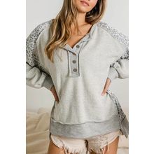 Gray Leopard Patchwork Exposed Seam Buttoned Neck Sweatshirt