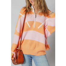 Orange Stripe Colorblock Half Zip Oversize Sweater