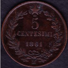 1861 M Italy 5 Centesimi Coin