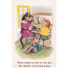 Cats Kittens When School Is Over Piano Lessons Playing Old WW2 Postcard