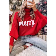 Red Merry Letter Embroidered High Neck Sweater