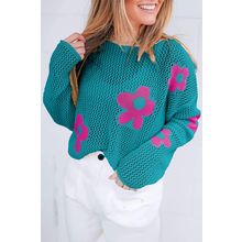 Sea Green Big Flower Hollowed Knit Drop Shoulder Sweater