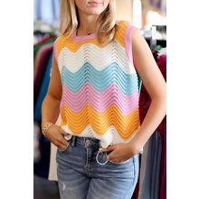 Multicolour Striped Colorblock Scalloped Hem Knitted Vest