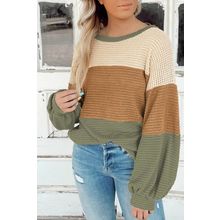 Green Stripe Textured Color Block Bubble Sleeve Baggy Top