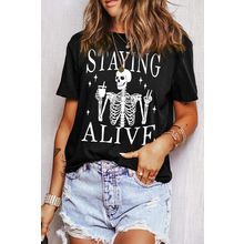 Black STAYING ALIVE Funny Skeleton Print Round Neck T Shirt