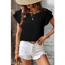 Black Textured Ruffled Sleeve Round Neck Top