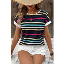 Black Stripe Multicolor Contrast Edge Crew Neck T Shirt
