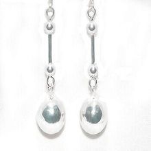 Sterling Silver Barbell And 10mm Puffball Dangle Earrings