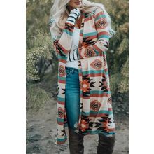 Multicolor Geometric Color Block Open Front Long Cardigan