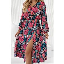 Red V Neck Elastic High Waist Split Floral Dress