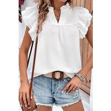 White Ruffle Accent Flutter Sleeve Notch Neck Top