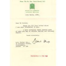 David Howell Conservative MP Of Railway Laws 1980s Hand Signed Letter