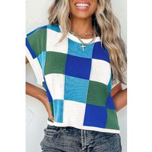 Dark Blue Color Block Cap Sleeve Sweater Tops