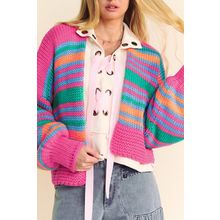 Rose Stripe Colorful Puff Sleeve Drop Shoulder Loose Cardigan