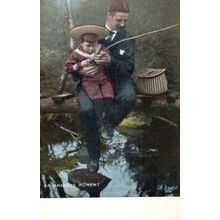 An Anxious Moment Father & Child Fishing Disaster River Edge Postcard