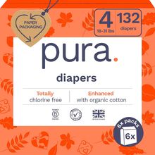 Pura Size 4 Eco-Friendly Diapers (18-31 Lbs) Hypoallergenic, Soft Organic Cotton