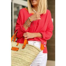 Tomato Red Two Tone Striped Side Buttons Drop Shoulder Top