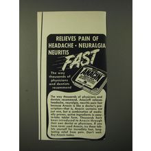 1950 Anacin Medicine Ad - Relieves pain of headache neuralgia neuritis fast
