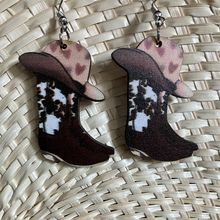 Earrings Heart Hat Western Cowboy Boots Wooden #703