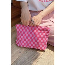 Bright Pink Checkered Print Cosmetic Bag