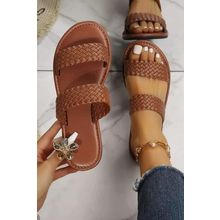 Chestnut Braided Double Band Leathered Flat Slippers