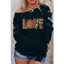 Black LOVE Sequin Pumpkin Leopard Print Cut Out Sleeve Sweatshirt