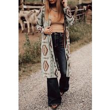 Brown Western Aztec Printed Open Front Long Cardigan