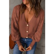 Red Bishop Sleeve Button V Neck Cardigan Sweater