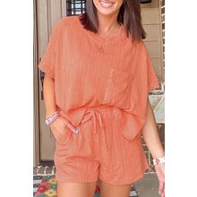 Pale Chestnut Textured Patched Pocket Short Sleeve Top Drawstring Shorts Set