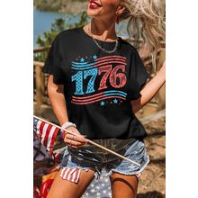 Black 1776 American Flag Theme Print Crew Neck T Shirt