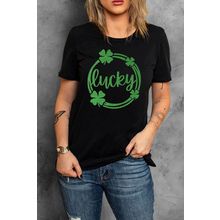 Black St Patrick Sequin Lucky Clover Print Short Sleeve T-shirt