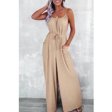 Apricot Spaghetti Straps Waist Tie Wide Leg Jumpsuit with Pockets